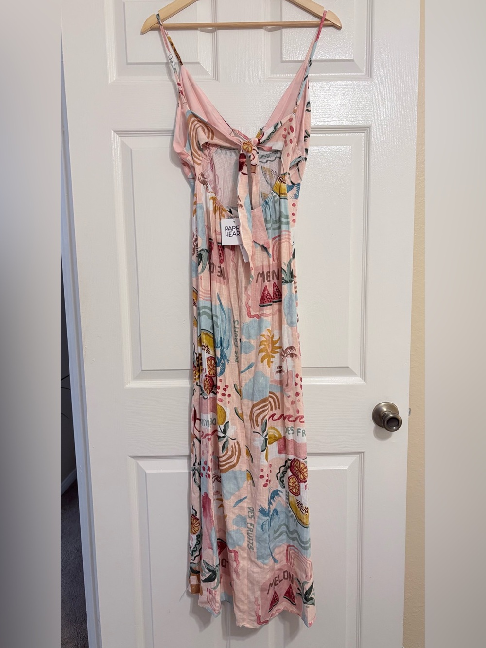 Anthropologie Paper Heart Tropical Fruit Peach Blue Maxi Dress Linen Blend NWT M - Picture 4 of 6